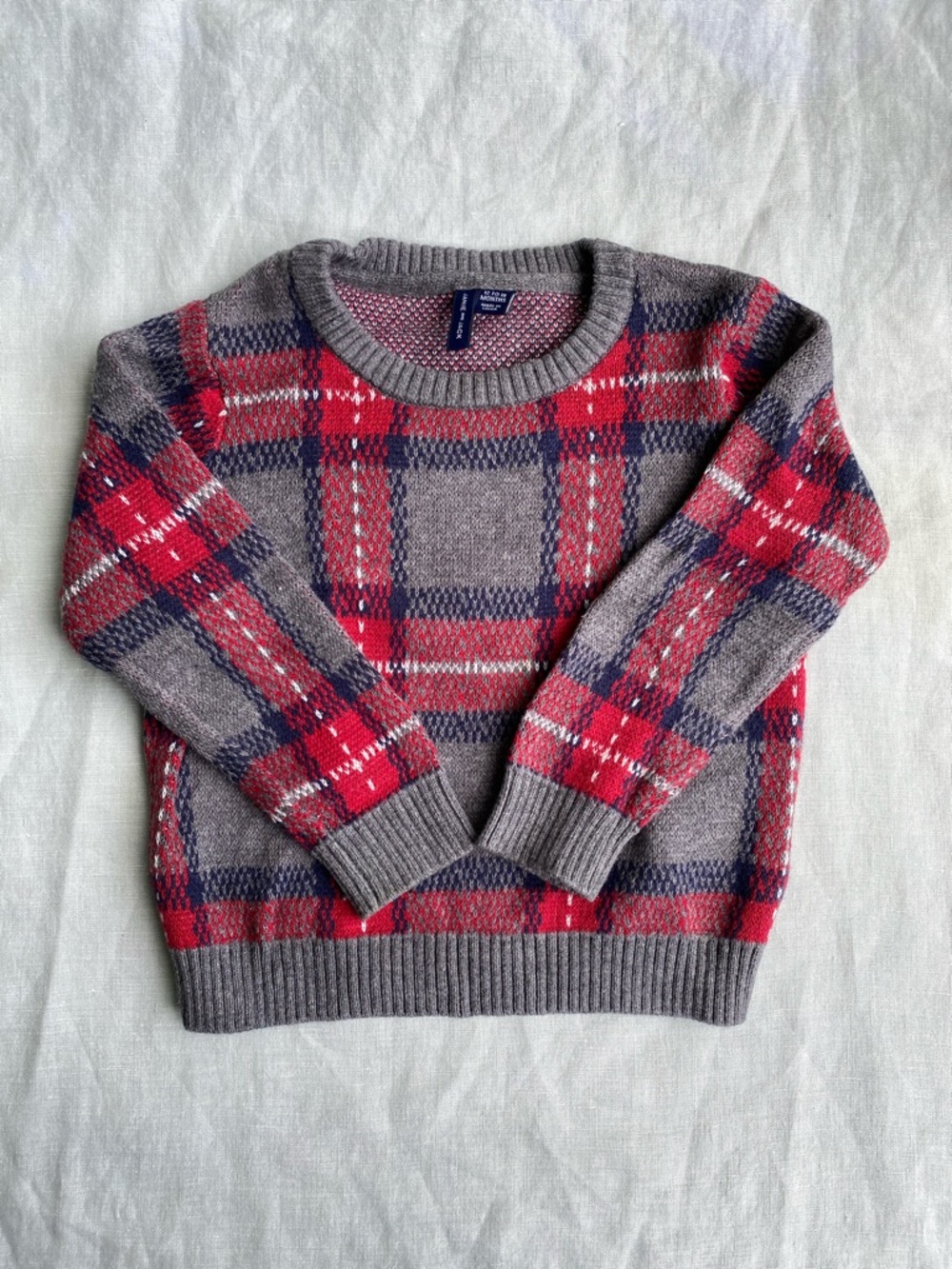 Janie & Jack cotton grey navy blue red white plaid crewneck long sleeve sweater